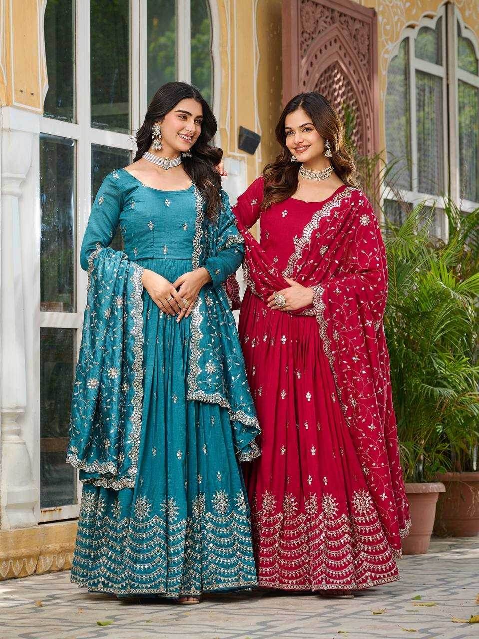 Vichitra Silk Embroidery Long Gowns - MYLUXURY LANE ENTERPRISE